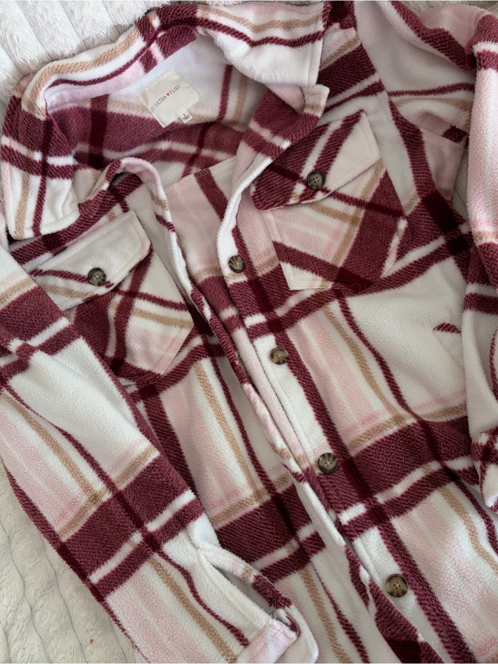 Ultra Flirt Burgundy & Pink Plaid Teddy Shacket